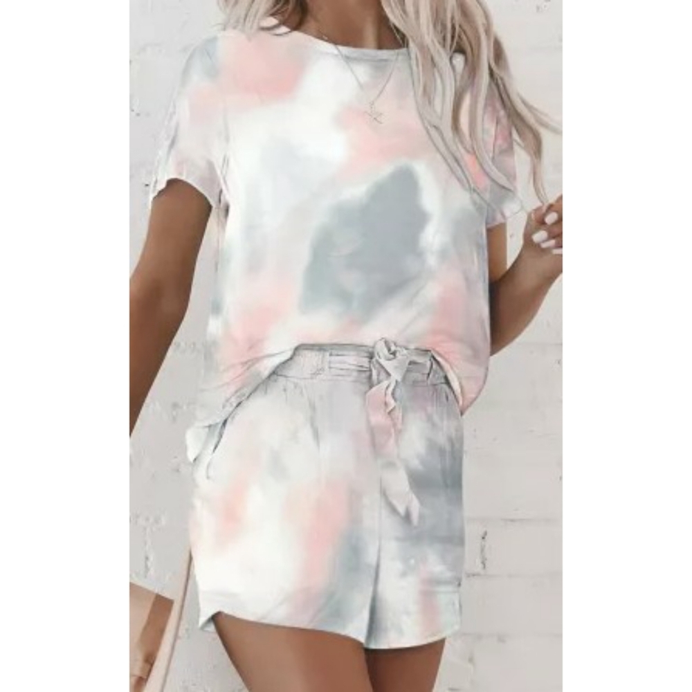 Pastel Tie Dye Lounge Set Drawstring Shorts
